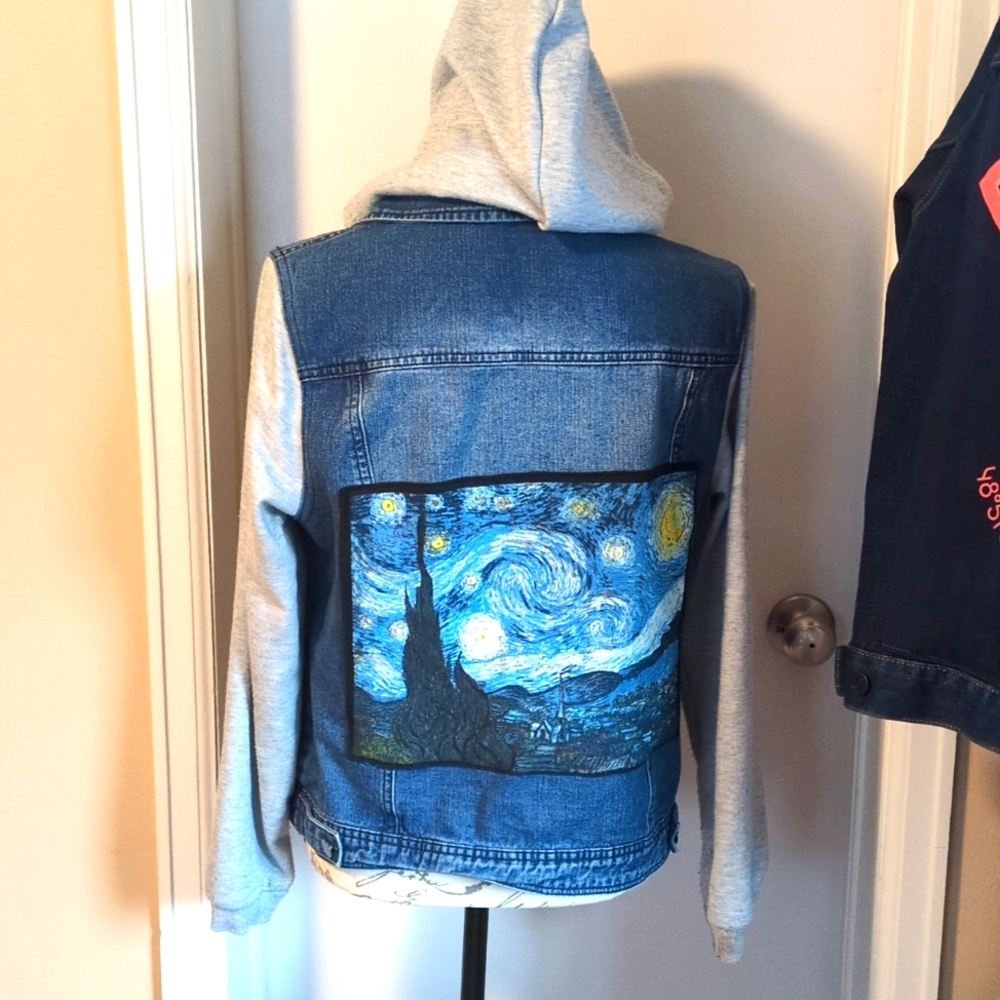 Van Gogh Starry Night jean jacket with hood - Picture 2 of 5